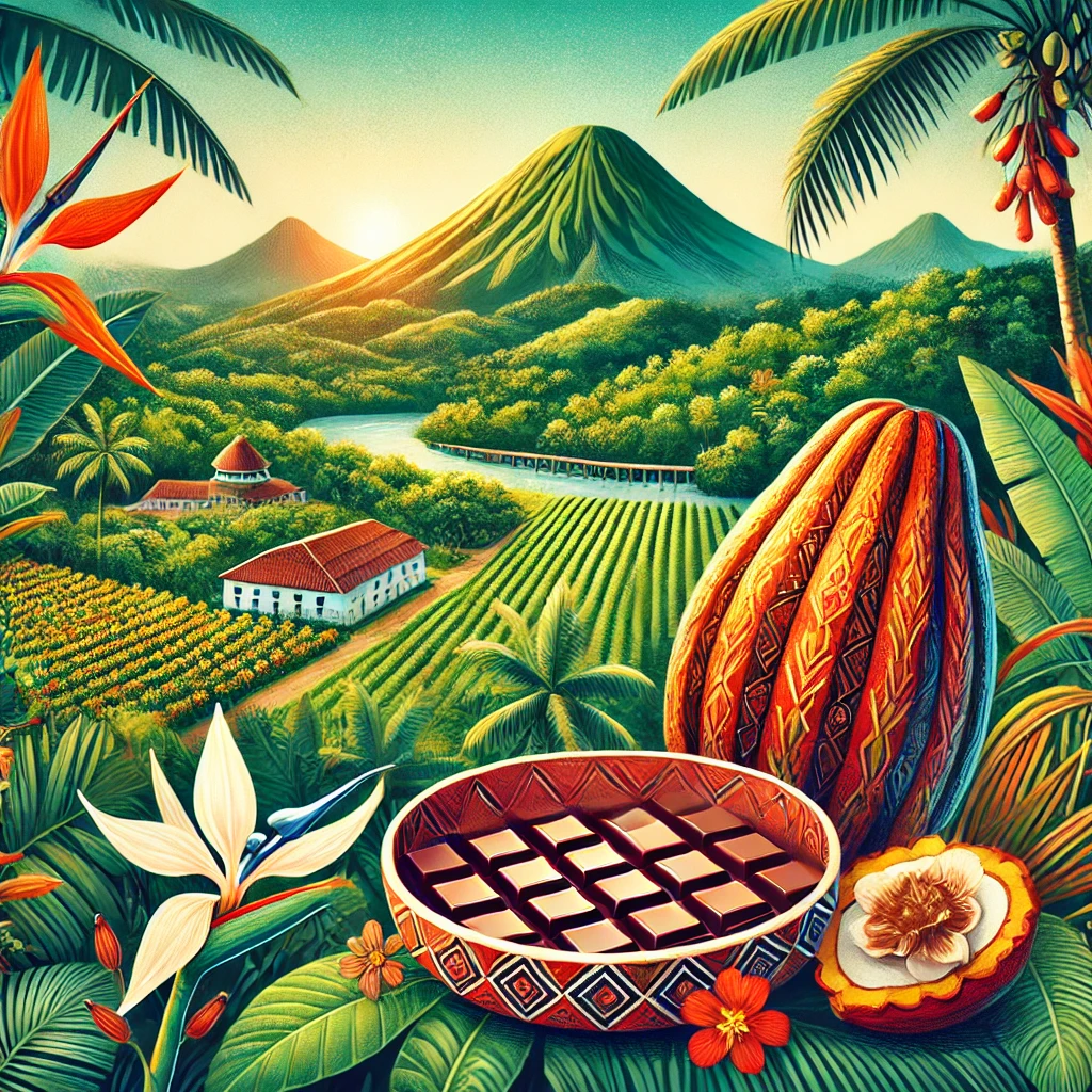 A vibrant illustration of São Tomé and Príncipe featuring its lush landscapes, cocoa plantations, and a traditional calulu dish.