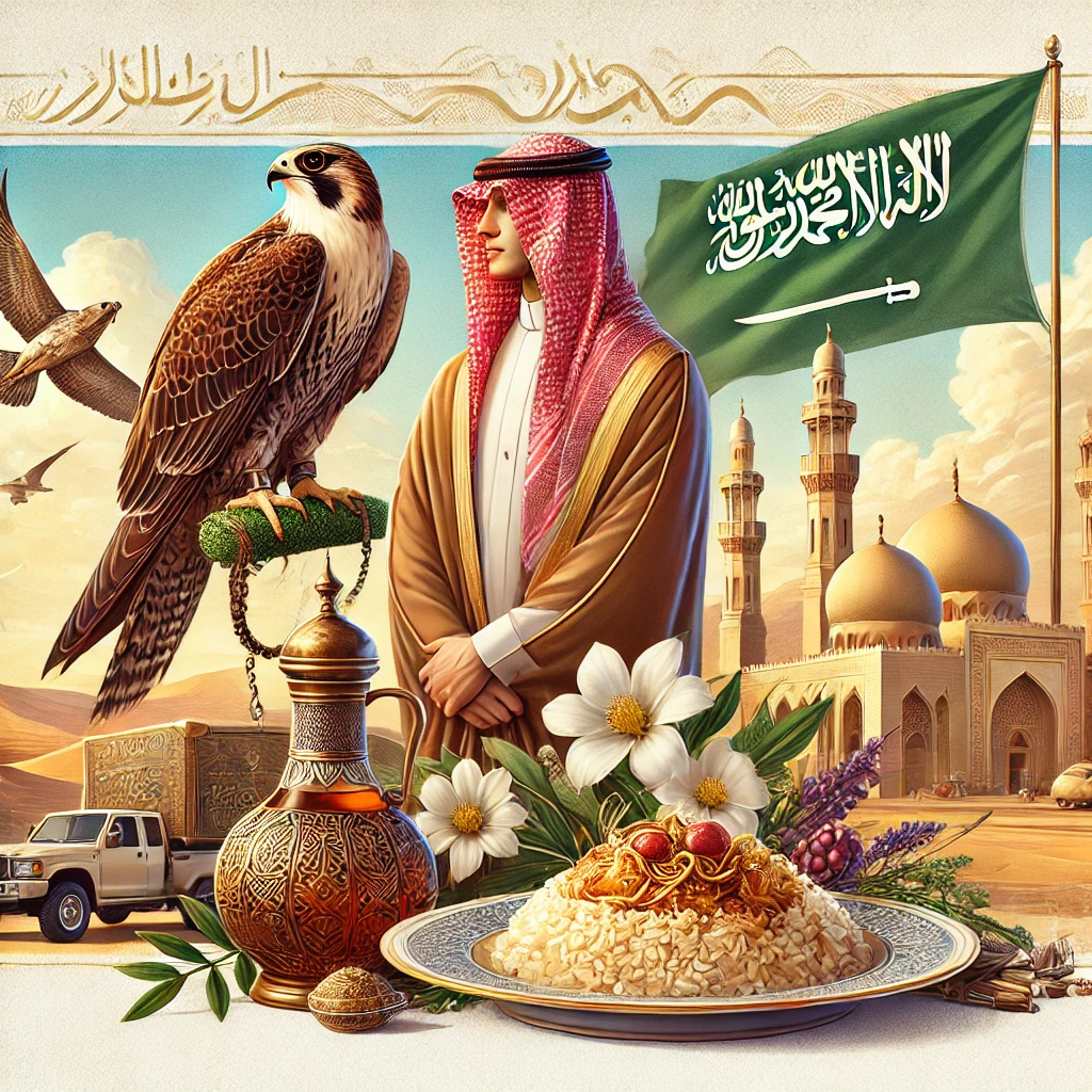 An image of Saudi Arabia with traditional Saudi elements like a thobe, falconry, and Kabsa dish.