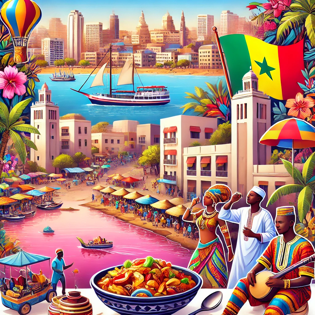 A vibrant quiz scene featuring Senegal’s landmarks like Dakar’s bustling streets, Lake Retba’s pink waters, traditional dishes such as Thieboudienne, and cultural highlights including Mbalax music performances.