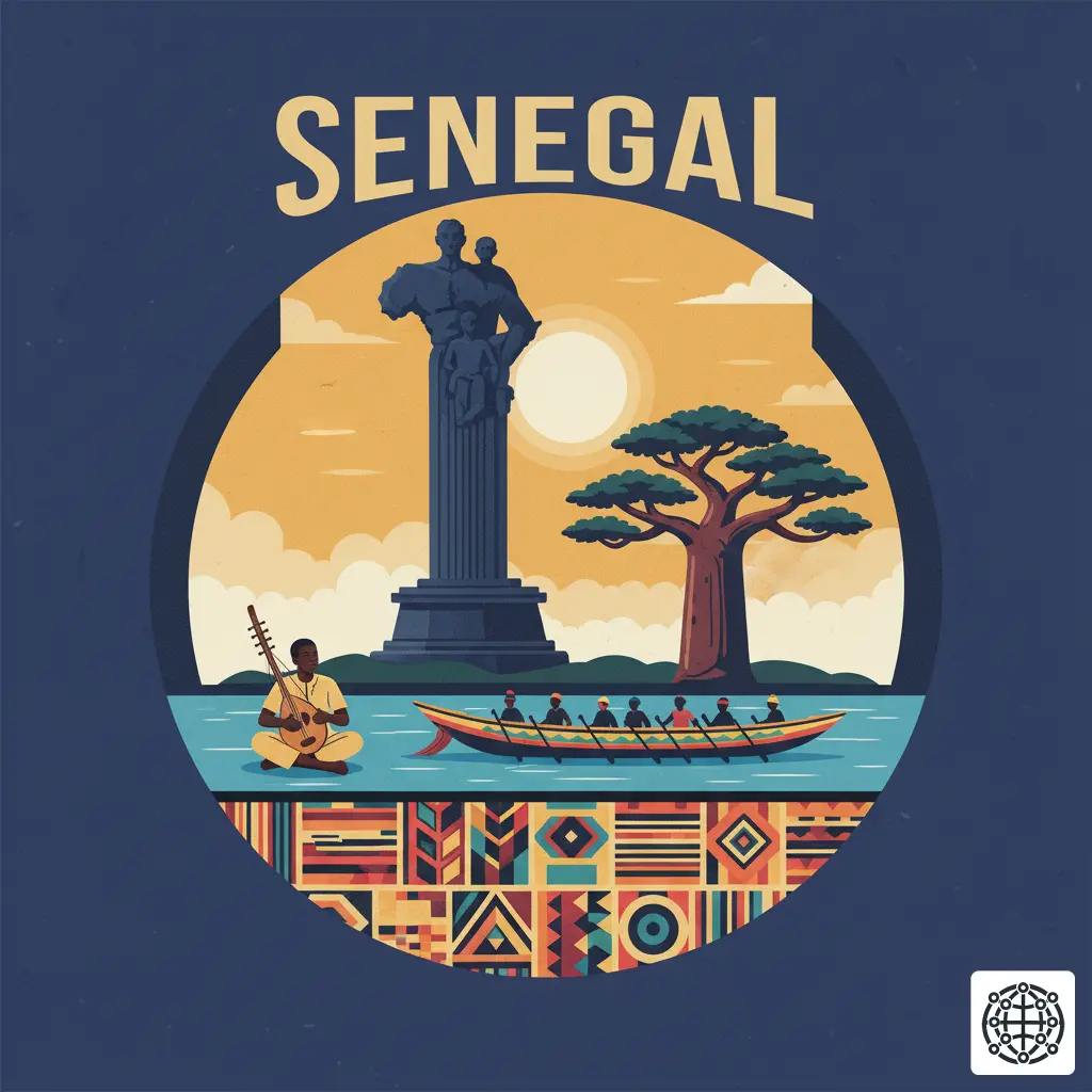 A stylized, modern illustration of Senegal, featuring the African Renaissance Monument, a traditional pirogue boat, a baobab tree, and a musician playing a kora.