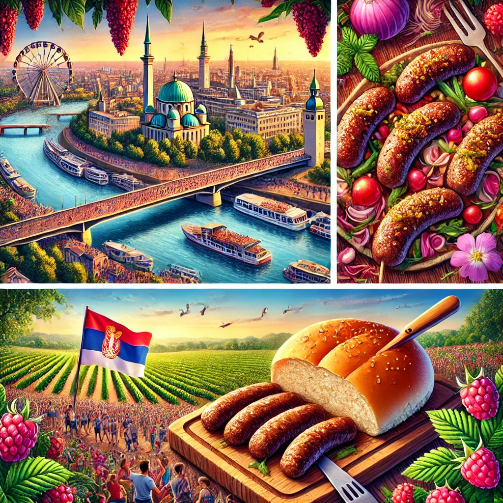 A scenic view of Belgrade with the Danube and Sava rivers, traditional Cevapi dish served on a wooden platter, the vibrant EXIT Festival in Novi Sad, and lush raspberry fields in Serbia.