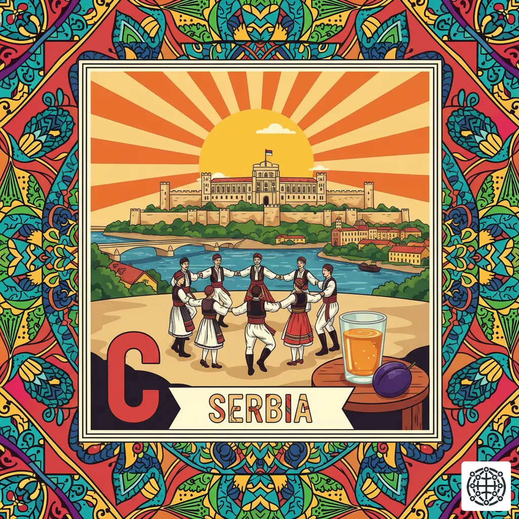 A stylized, modern illustration of Serbia, featuring the Belgrade Fortress, a traditional Kolo dance, a glass of Rakija, and a Cyrillic letter.