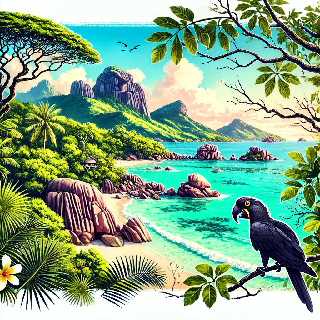 A vivid illustration of Seychelles featuring its stunning beaches, iconic granite rocks, lush greenery, and a glimpse of the Seychelles Black Parrot.