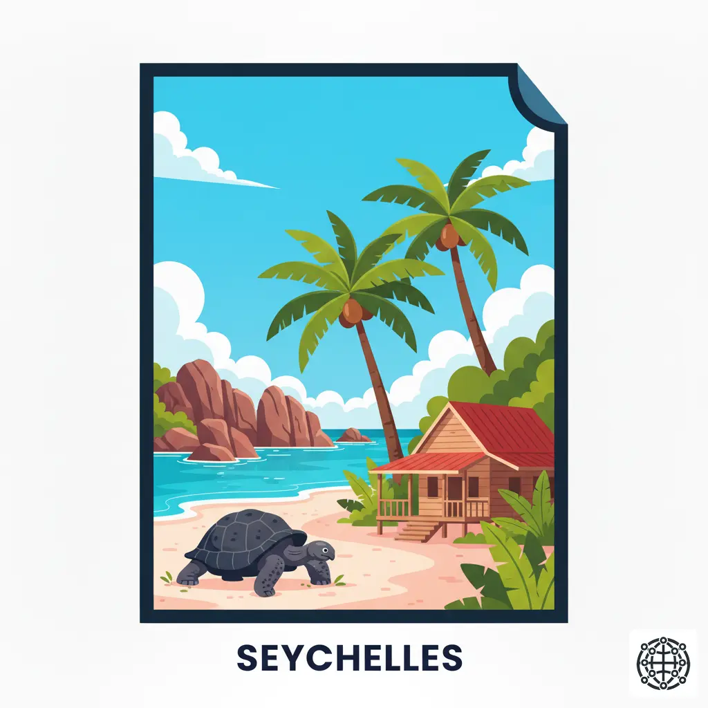 A stylized, modern illustration of Seychelles, featuring the granite boulders of Anse Source d'Argent, a Coco de Mer palm, a giant Aldabra tortoise, and a traditional Creole house.