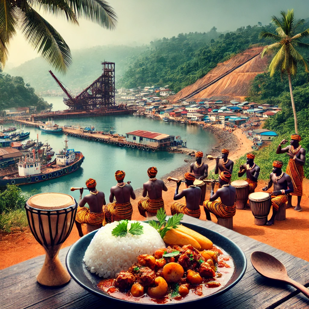 A view of Freetown with its harbor, a traditional dish of rice with local stew, Sierra Leonean musicians playing palm wine music, and a diamond mining site.