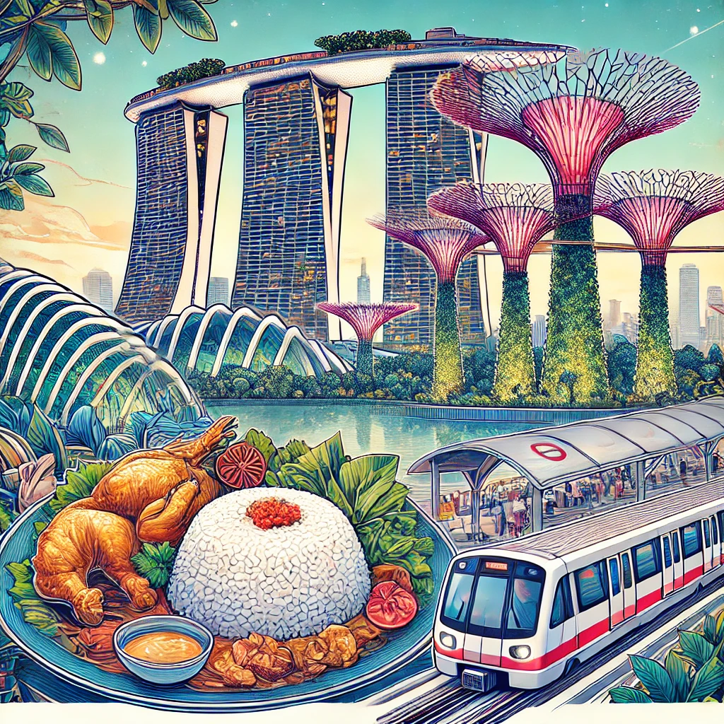 A view of Marina Bay Sands with Singapore’s city skyline, a plate of Hainanese Chicken Rice, the Supertree Grove at Gardens by the Bay, and an MRT station showcasing Singapore’s efficient public transport.