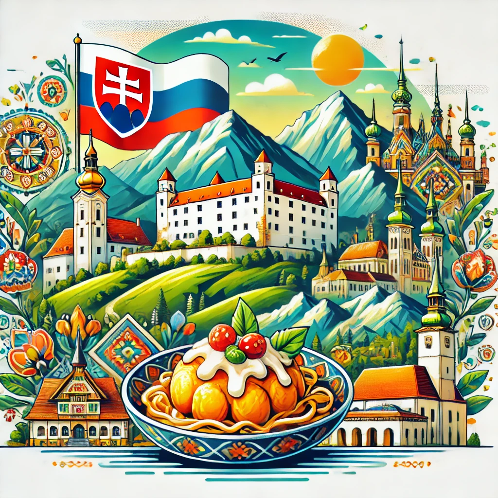 An interactive quiz scene featuring iconic Slovak landmarks such as Bratislava Castle, the Tatra Mountains, and traditional Slovak dishes like Bryndzové Halušky, with cultural and historical elements in the background.