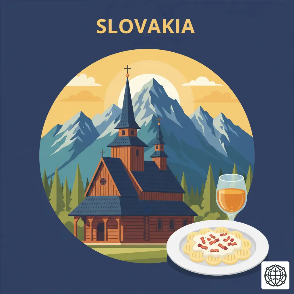 A stylized, modern illustration of Slovakia, featuring the High Tatras mountains, a traditional wooden church, a glass of Slivovica, and a plate of Bryndzové Halušky.