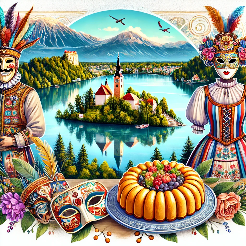 An image showcasing Lake Bled with its iconic island church, the festive Kurentovanje costumes, and a traditional Slovenian Potica dish.