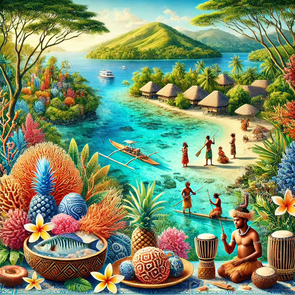 An image of the Solomon Islands' stunning coral reefs, traditional Kokoda dish served with taro, and a serene beach scene with locals enjoying cultural activities.