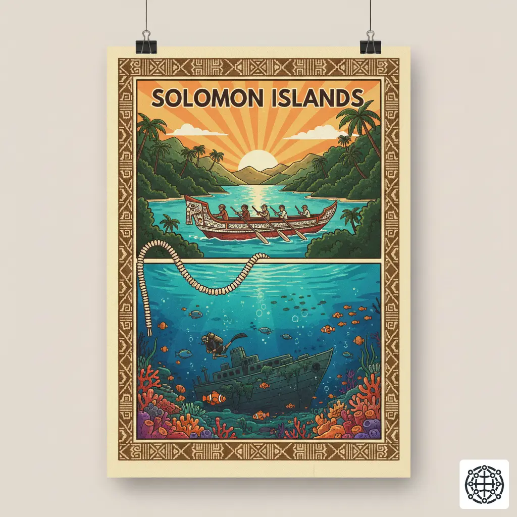 A stylized, modern illustration of the Solomon Islands, featuring a traditional war canoe, a diver exploring a WWII wreck, a string of shell money, and the lush rainforest landscape.