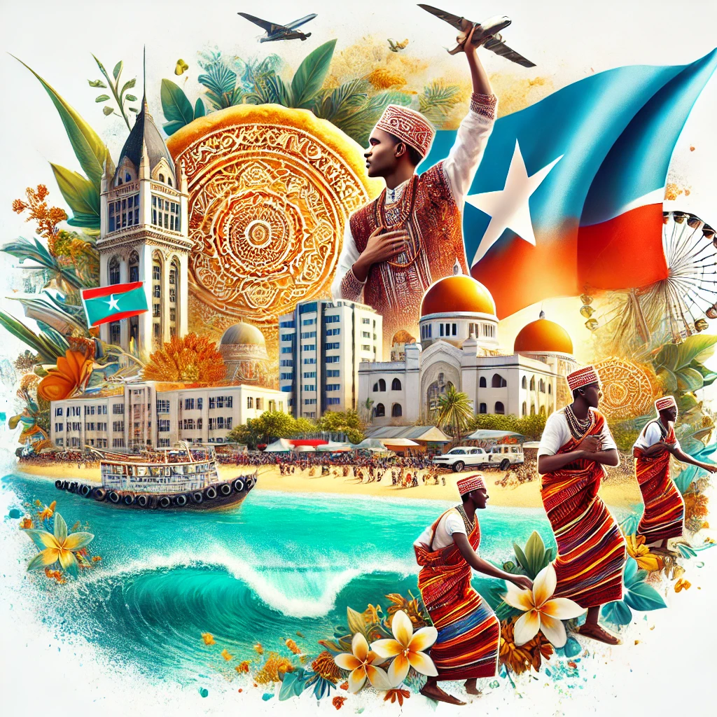 A vivid image featuring Somalia's iconic Mogadishu skyline, traditional Laxoox flatbread, men in Macawiis attire, and cultural dances like Dhaanto, set against the backdrop of the Indian Ocean coastline.