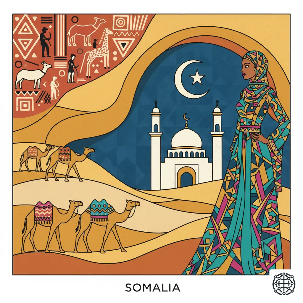 A stylized, modern illustration of Somalia, featuring the ancient rock art of Laas Geel, a camel caravan in the desert, a woman wearing a colorful dirac, and the Arba'a Rukun Mosque.