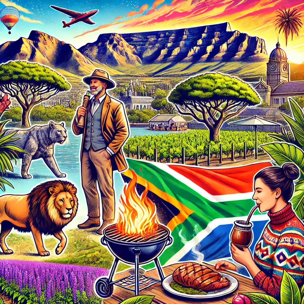 A vibrant image showcasing South Africa’s Table Mountain, a traditional braai barbecue, wildlife from the Big Five like lions, a vineyard in the Western Cape, and cultural elements like people enjoying Yerba Mate together.