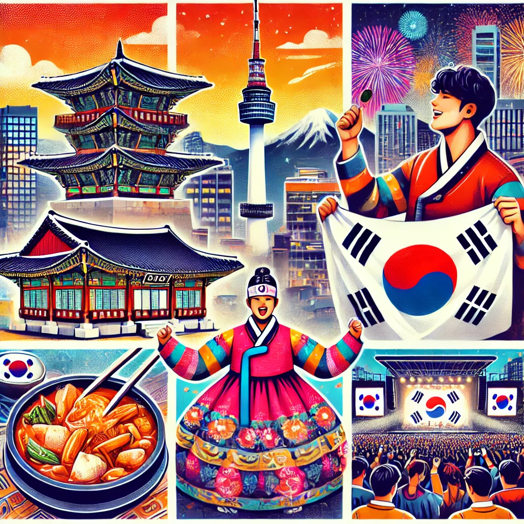 A vibrant illustration of South Korean landmarks: Seoul Tower, Hanok villages, a traditional Hanbok outfit, a steaming plate of Kimchi, and a bustling K-Pop concert.