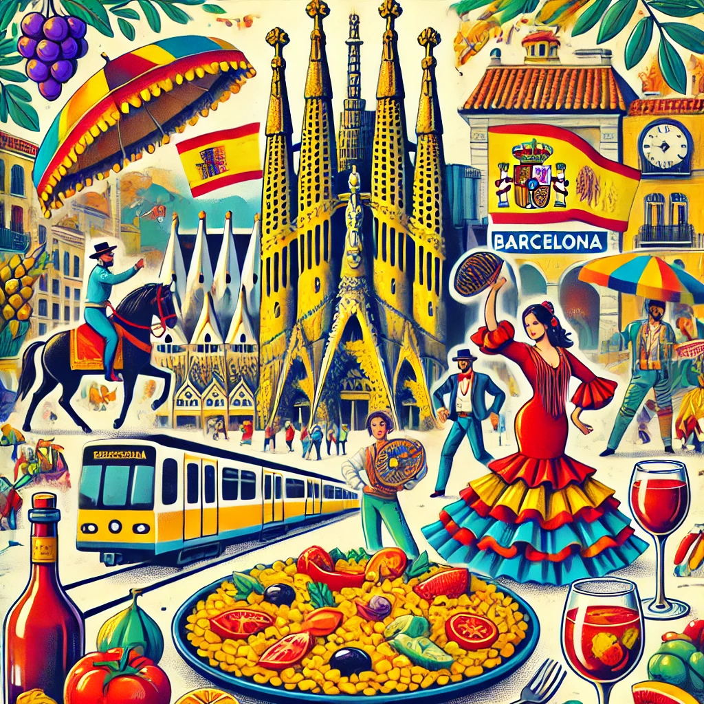 A colorful image featuring the Sagrada Familia, a plate of paella, a glass of sangria, traditional flamenco dancers, and a bustling Barcelona metro station.