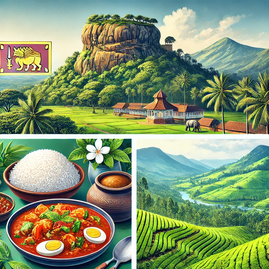 A scenic view of Sigiriya Rock Fortress, a traditional plate of Sri Lankan rice and curry, and lush green tea plantations in Nuwara Eliya, Sri Lanka.