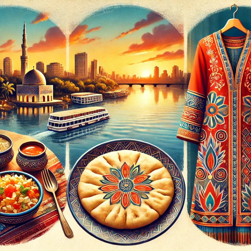 An image of the Nile River flowing through Sudan, a plate of Kisra, a traditional Sudanese Toob garment, and the iconic skyline of Khartoum at sunset.