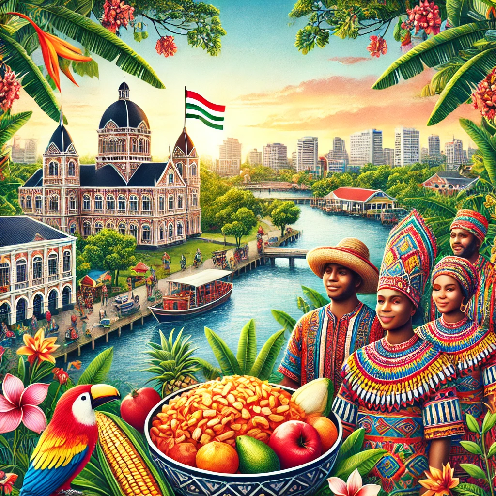 A lively image showcasing Suriname's Paramaribo cityscape, traditional Pom dish, colorful Koto attire, and the lush Suriname River surrounded by tropical greenery, highlighting the country's unique heritage and environment.