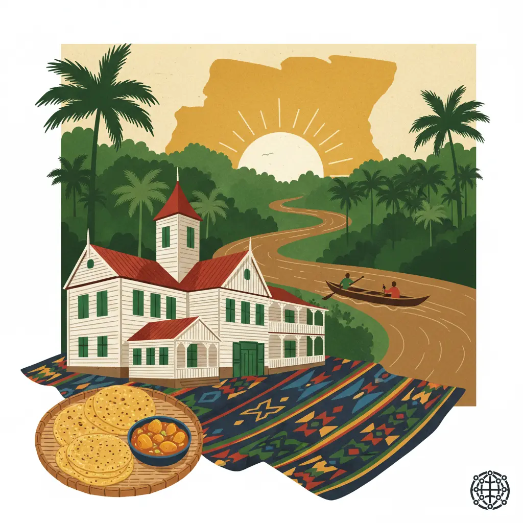 A stylized, modern illustration of Suriname, featuring the wooden colonial buildings of Paramaribo, a traditional Maroon 'pangi' cloth, a river scene from the rainforest, and a plate of roti.