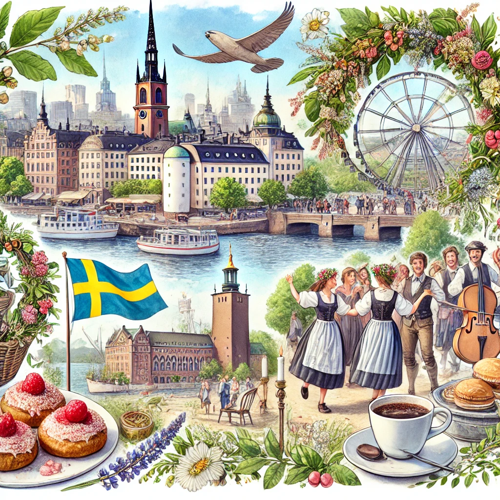 An image featuring Sweden’s Stockholm skyline, traditional Surströmming dish, people celebrating Midsummer, and a Fika coffee break setting.