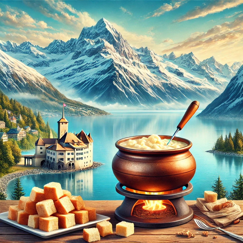 A breathtaking view of the Swiss Alps with snow-capped peaks, a traditional Fondue pot surrounded by bread, and the iconic Lake Geneva with its serene waters and mountain backdrop.