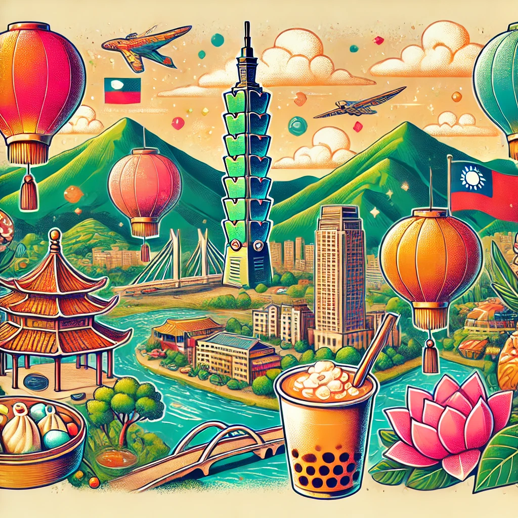 A colorful quiz illustration featuring Taiwan's iconic cultural elements such as sky lanterns, bubble tea, traditional markets, and scenic landscapes like Taipei 101 and lush mountains. Highlight an interactive and fun atmosphere with symbols of Taiwanese food and crafts.