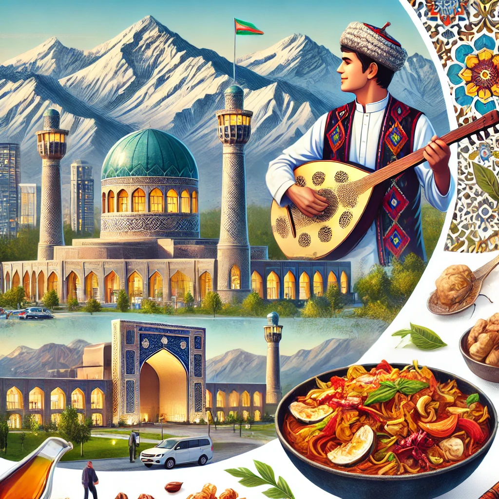 An image featuring the Pamir Mountains, Dushanbe’s architecture, traditional Qurutob dish, and a vibrant Tajik Rubab musician in colorful attire.