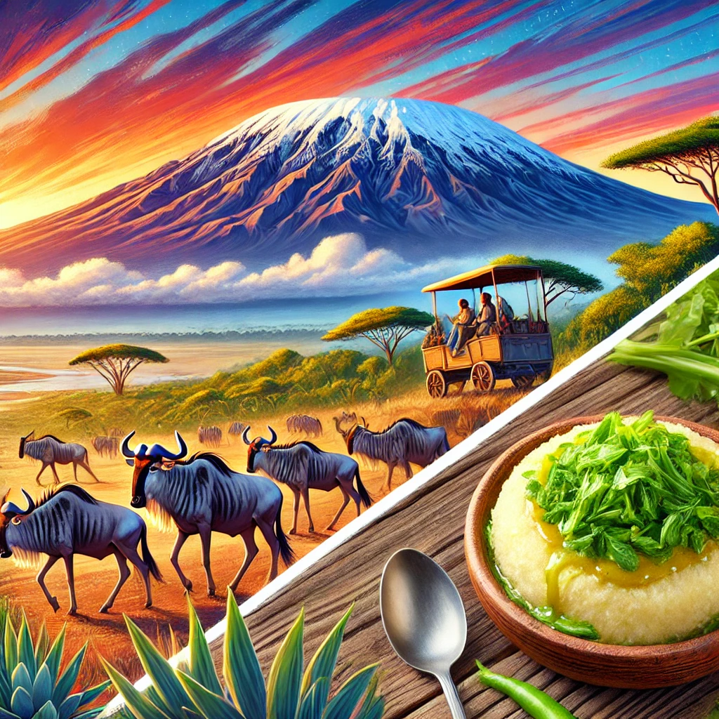 A breathtaking view of Mount Kilimanjaro with a sunrise, a herd of wildebeest in Serengeti National Park during the Great Migration, and a traditional Tanzanian dish of Ugali served with greens.