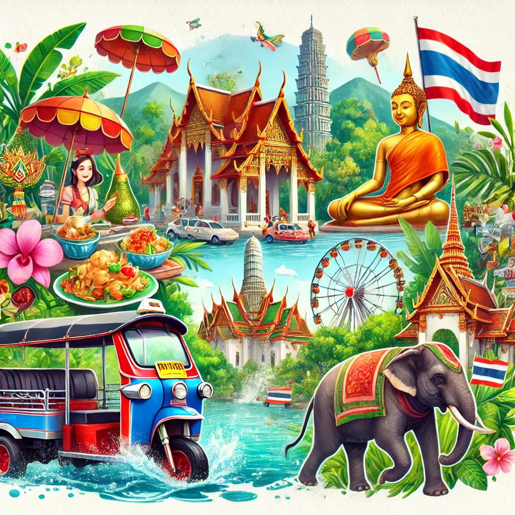 A colorful image featuring Thai street food, a tuk-tuk in Bangkok, Songkran festival celebrations, elephants in a jungle, and a serene Buddhist temple.