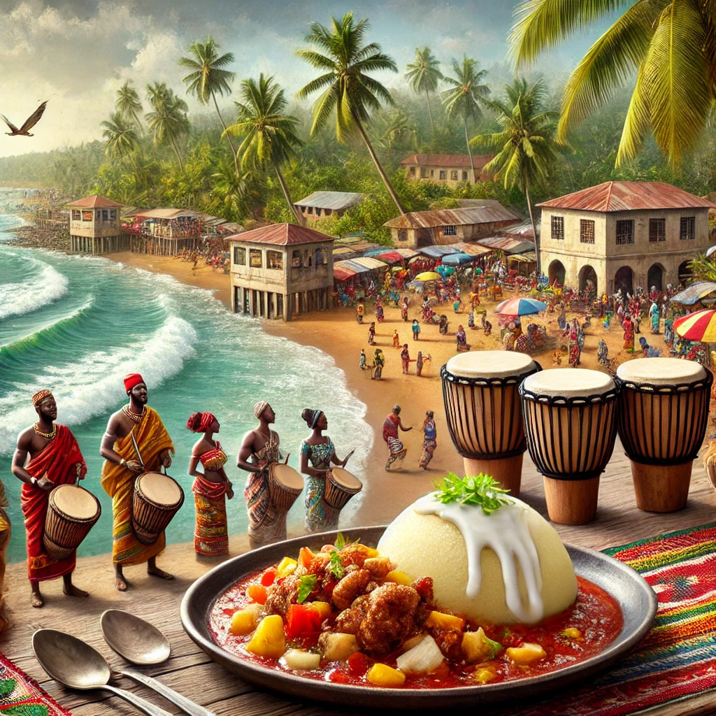 A view of Lomé's coastline, a traditional dish of fufu with sauce, Togolese dancers performing folklore music, and a vibrant market scene in Togo.