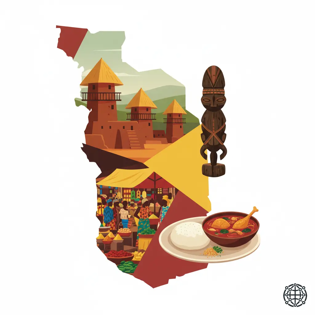 A stylized, modern illustration of Togo, featuring the mud tower-houses of Koutammakou, a vibrant scene from the Grand Marché in Lomé, a traditional fetish object, and a plate of Fufu with groundnut stew.