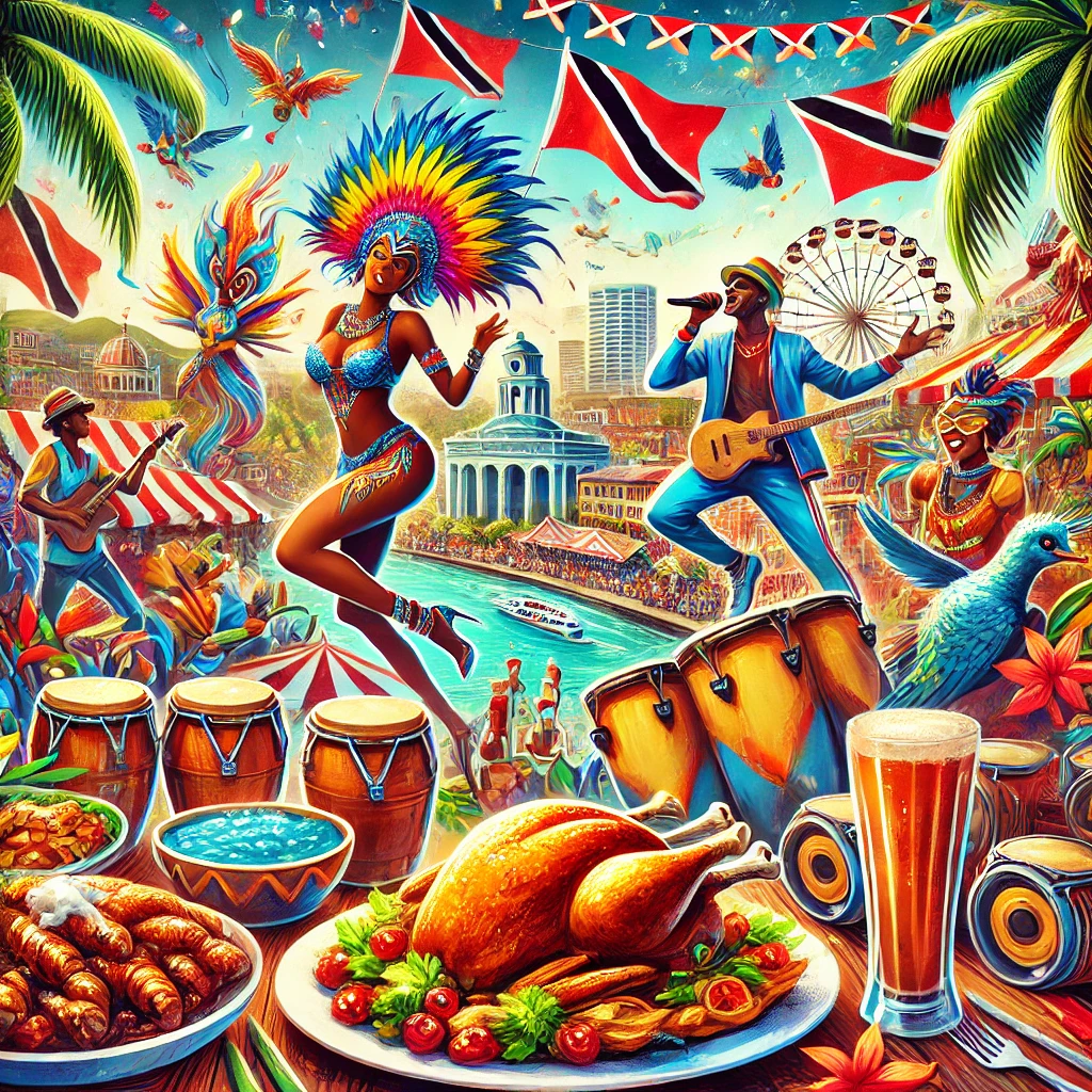 A vibrant depiction of Trinidad and Tobago's Carnival celebrations, traditional dishes like Doubles and Roti, Soca music performers, and the bustling cityscape of Port of Spain.