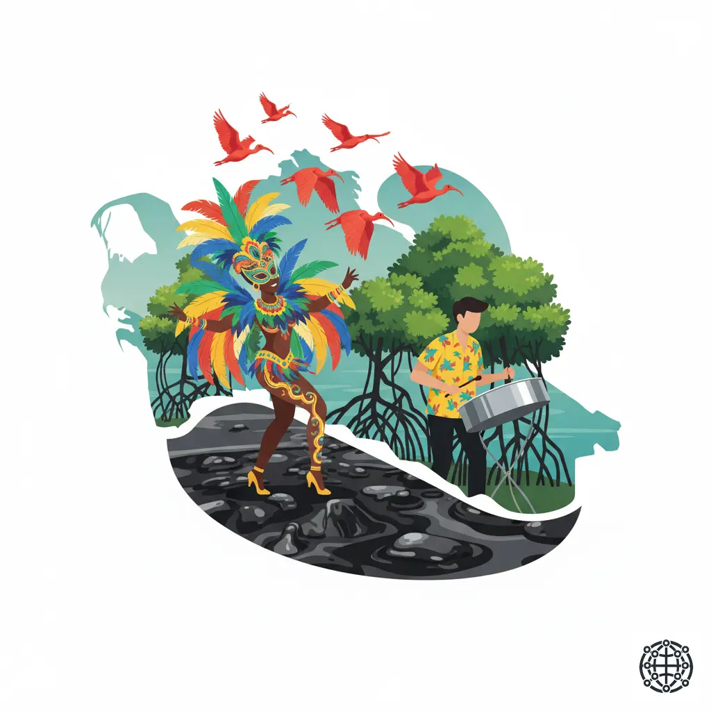 A stylized, modern illustration of Trinidad and Tobago, featuring a vibrant Carnival masquerader, a steelpan player, the Scarlet Ibis in flight over a mangrove, and the Pitch Lake.