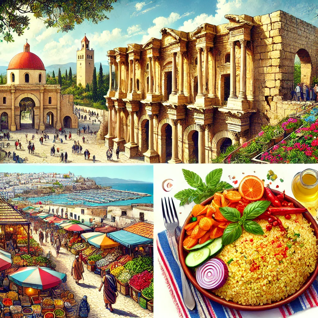 A scenic view of the ancient ruins of Carthage, a vibrant market in Tunis, a delicious plate of Tunisian couscous, and the iconic Roman amphitheater of El Jem.