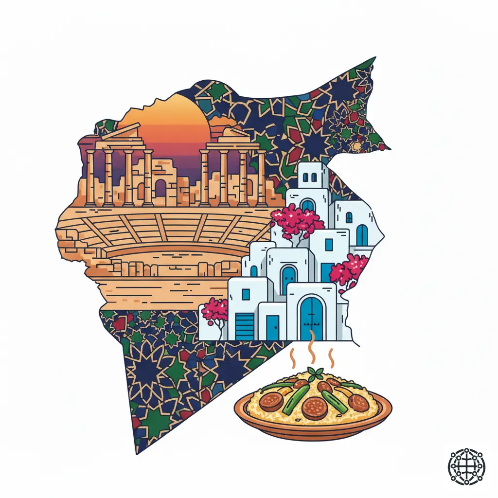 A stylized, modern illustration of Tunisia, featuring the ancient ruins of Carthage, the blue and white village of Sidi Bou Said, a traditional Berber pattern, and a plate of couscous.