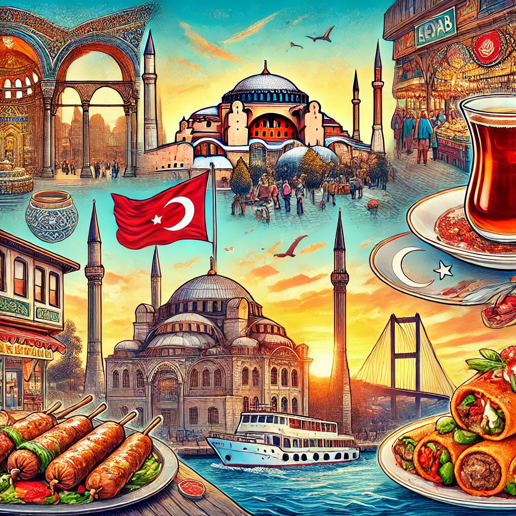 A detailed illustration of Turkish landmarks and culture: Hagia Sophia, a bustling bazaar, a traditional kebab dish, a glass of Turkish tea, and a scenic view of Istanbul’s Bosphorus bridge.