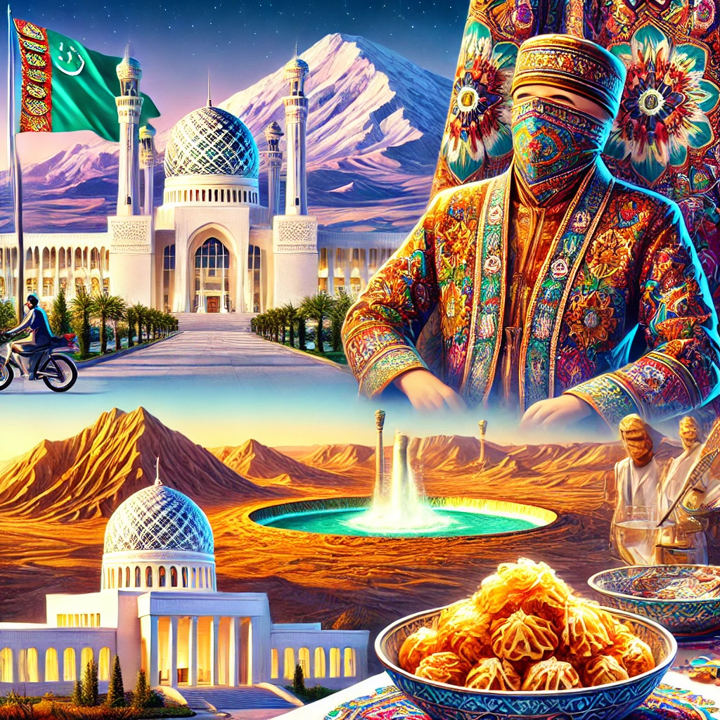 A vivid depiction of Turkmenistan’s iconic landmarks like Ashgabat’s white marble architecture and the Darvaza Gas Crater, along with traditional Turkmen attire and cultural elements like Dograma dishes.