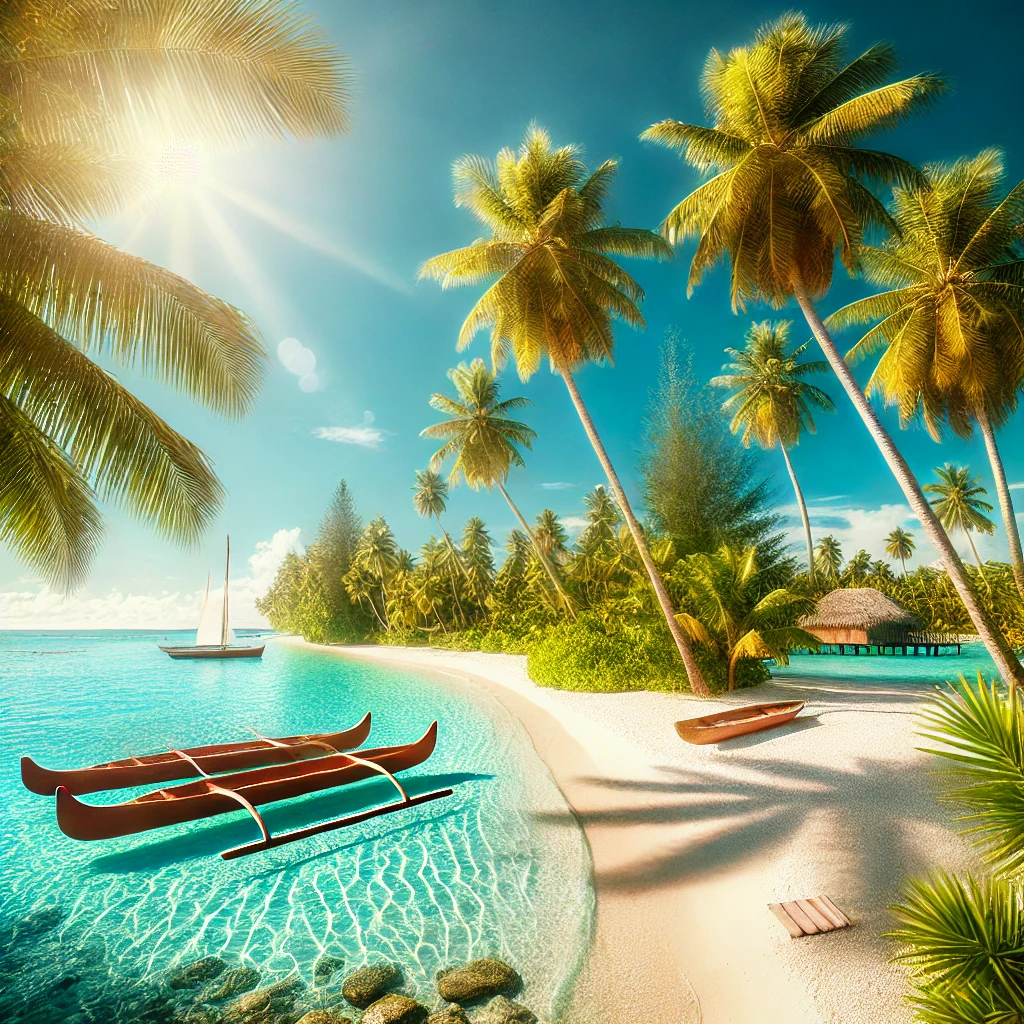 A peaceful scene of Tuvalu’s tropical island with clear turquoise water, white sandy beaches, palm trees, and traditional outrigger canoes docked near the shore under a sunny sky.