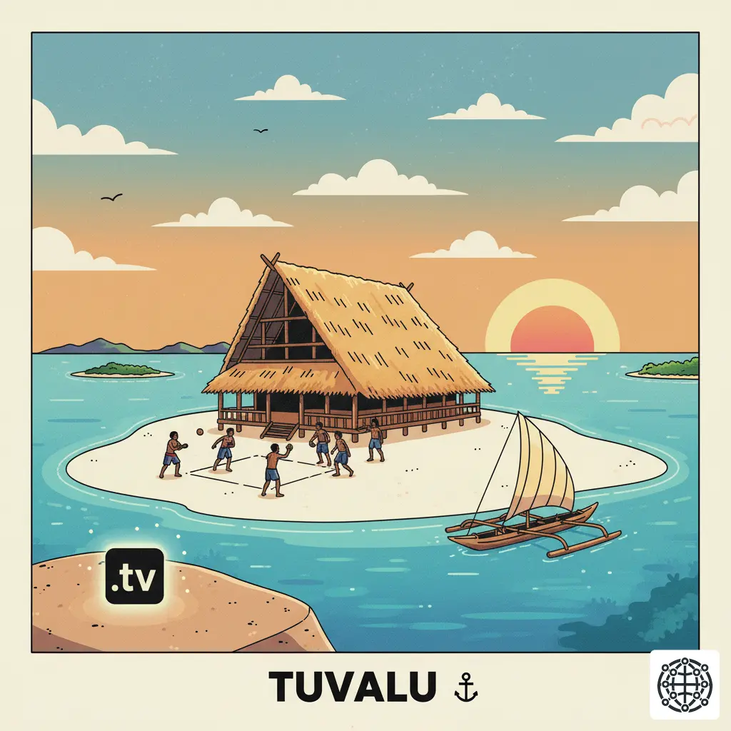 A stylized, modern illustration of Tuvalu, featuring a traditional fale, an outrigger canoe on a turquoise lagoon, a game of Te ano, and the .tv domain symbol.