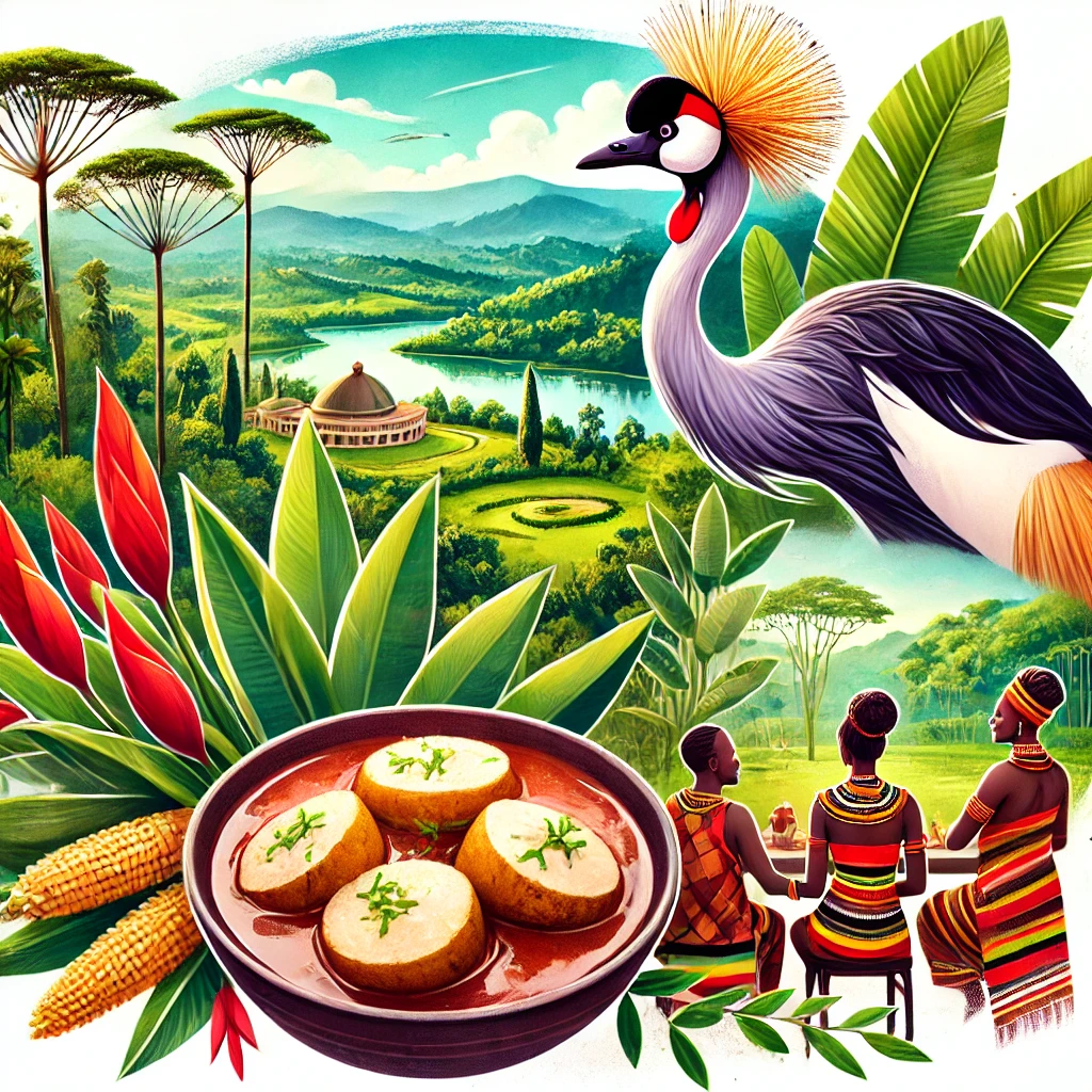 An image featuring Uganda's Crested Crane, a bowl of Matoke, Bwindi Impenetrable National Park, and traditional Gomesi dresses at a cultural event.