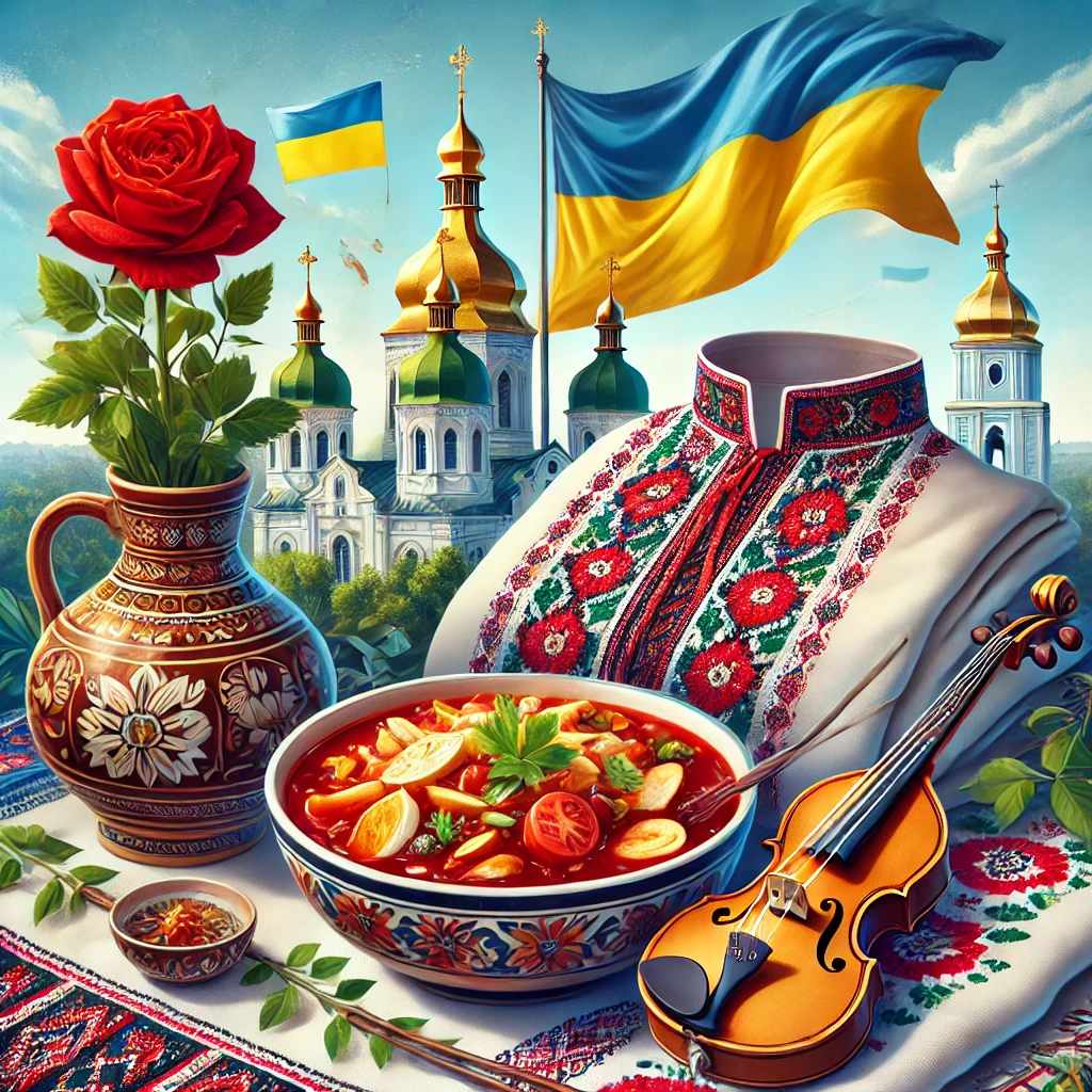 An image of Ukrainian culture such as a bowl of borscht, a vyshyvanka, and a Bandura instrument. The background highlights iconic landmarks like Kyiv's St. Sophia Cathedral and a Ukrainian flag.