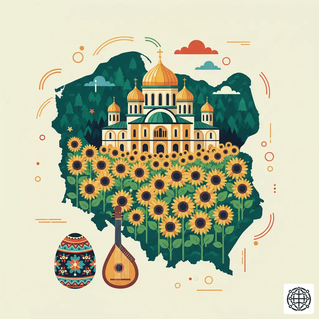 A stylized, modern illustration of Ukraine, featuring the golden domes of St. Sophia's Cathedral, a field of sunflowers, a beautifully decorated Pysanka egg, and a traditional Bandura instrument.