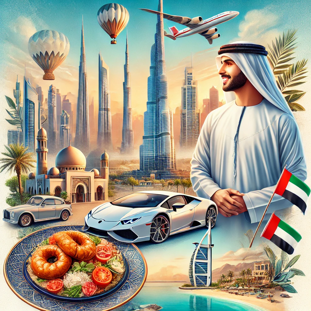 An image of the Burj Khalifa with the Dubai skyline, a traditional Emirati meal like Harees, a man wearing a Kandura in the desert, and a luxurious event with cars and yachts.