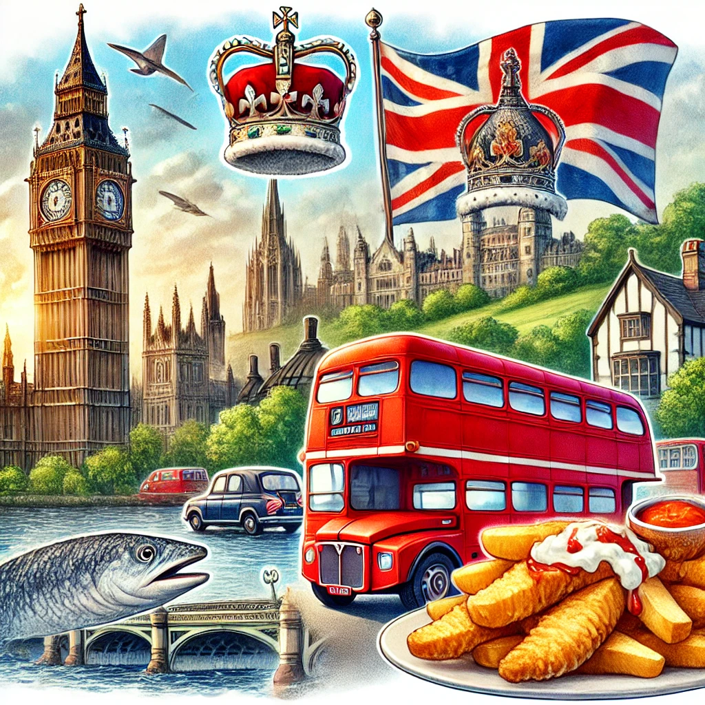 An image showing iconic UK symbols such as Big Ben, a red double-decker bus, traditional fish and chips, the British royal crown, and the countryside with a stone castle in the background.