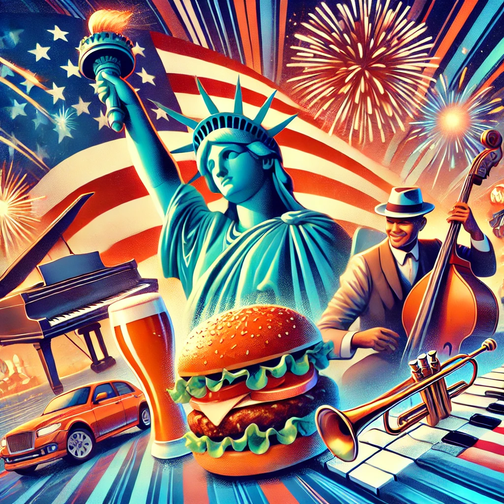 A dynamic quiz image featuring iconic American symbols such as the Statue of Liberty, hamburgers, jazz music scenes, the American flag, and fireworks for Independence Day. Highlight the diversity and vibrancy of American culture.