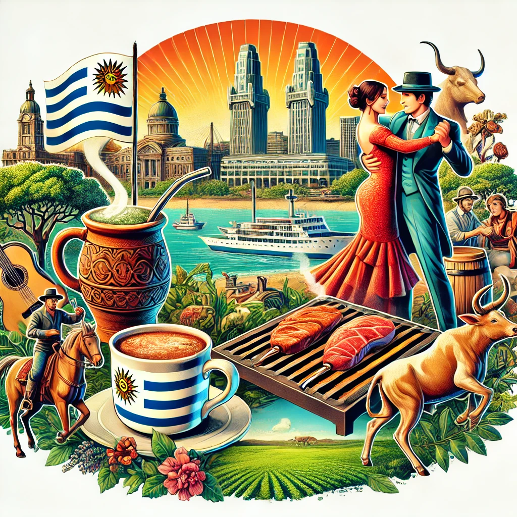 An image featuring the Montevideo skyline, a traditional asado barbecue, a steaming cup of mate, dancers performing tango and milonga, and Uruguay’s rolling green pastures symbolizing its strong agricultural heritage.