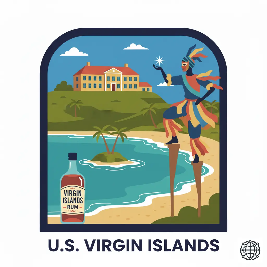 A stylized, modern illustration of the U.S. Virgin Islands, featuring the iconic Trunk Bay on St. John, a historic Danish colonial building, a Moko Jumbie stilts dancer, and a bottle of local rum.