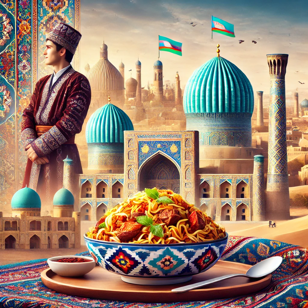 An image of Uzbek with cultural highlights like a bowl of plov, traditional chapan attire, the majestic Samarkand skyline, and colorful Silk Road patterns. Background includes iconic desert scenery and historic architecture.