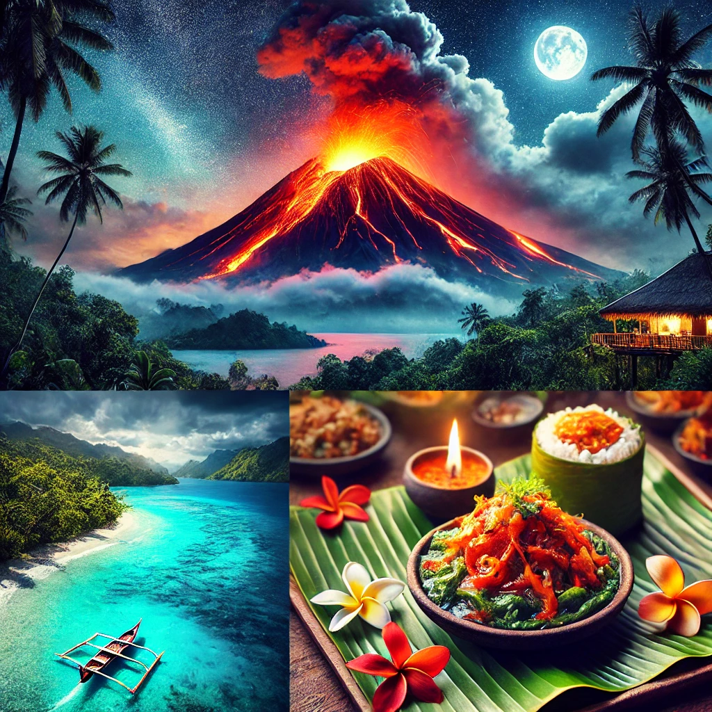 An image showcasing Mount Yasur erupting at night, a traditional Lap Lap dish served on banana leaves, and a serene beach scene with vibrant blue waters in Vanuatu.